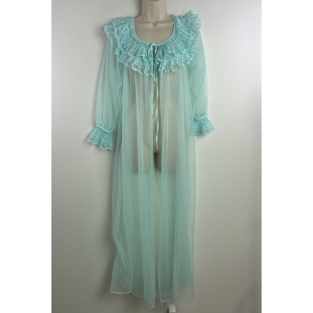Vintage ILISE STEVENS DRESSING ROBE Small Green Nylon LACE Maxi Sheer Ruffles